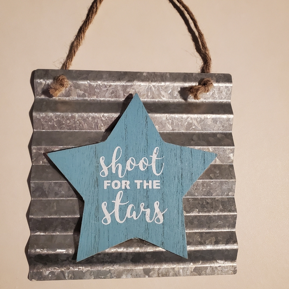 Shoot for the Stars 6" sq metal+wood wall hanging - Picture 1 of 2